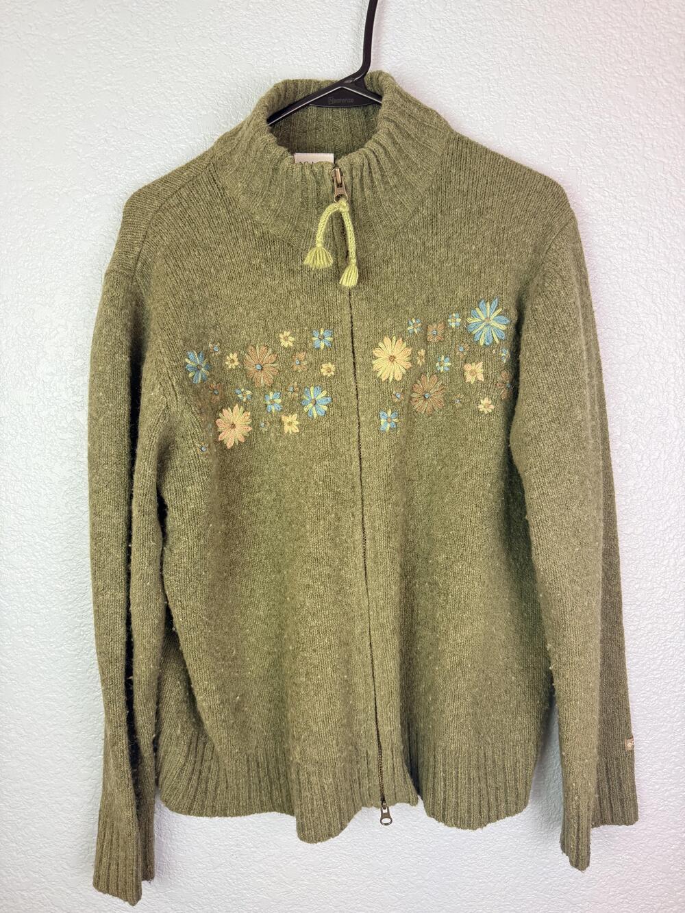Columbia Sweater Womens XL Green Floral Embroidered Zip Mock Neck Wool